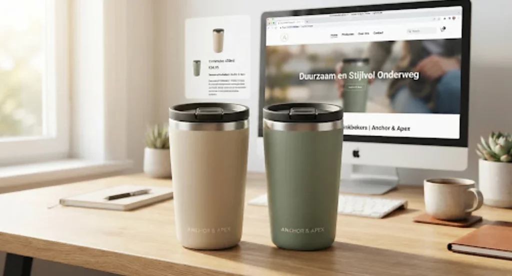 Apex Commuter Tumbler 450ml in zandkleur en saliegroen op een houten bureau