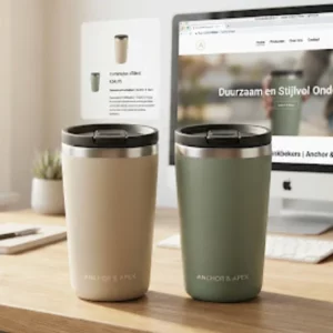 Apex Commuter Tumbler 450ml in zandkleur en saliegroen op een houten bureau