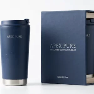 Apex Pure 500ml thermobeker in mat diepblauw naast de geschenkverpakking